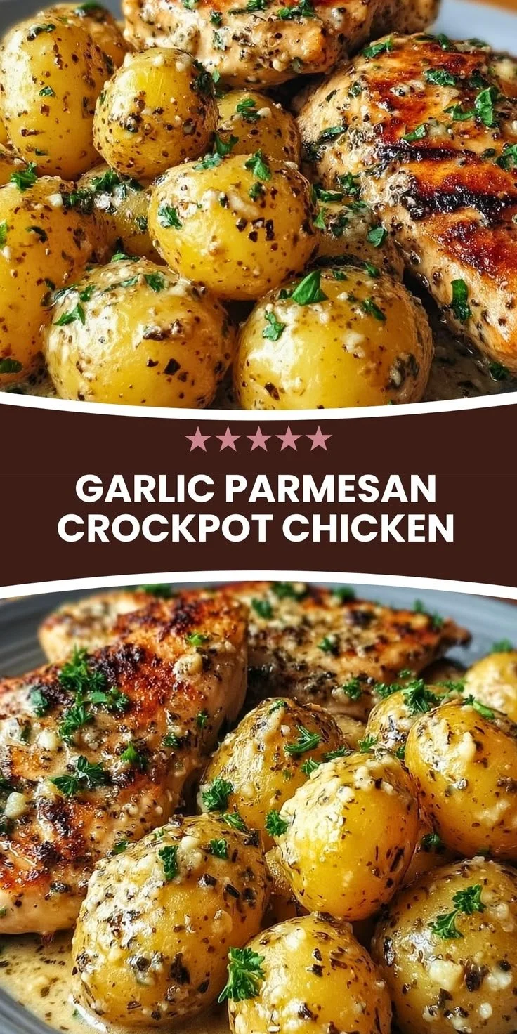 Crock Pot Parmesan Garlic Chicken served with potatoes in a warm dish