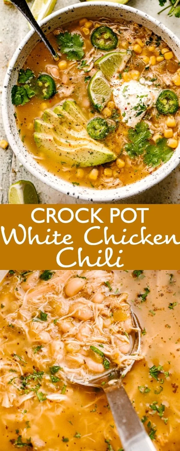 Bowl of Crock Pot white chicken chili topped with cilantro and cheese