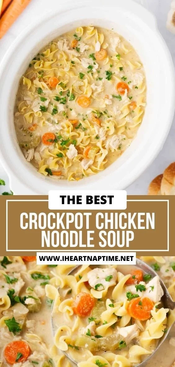 Bowl of hearty Crockpot Chicken Noodle Soup with vegetables and noodles