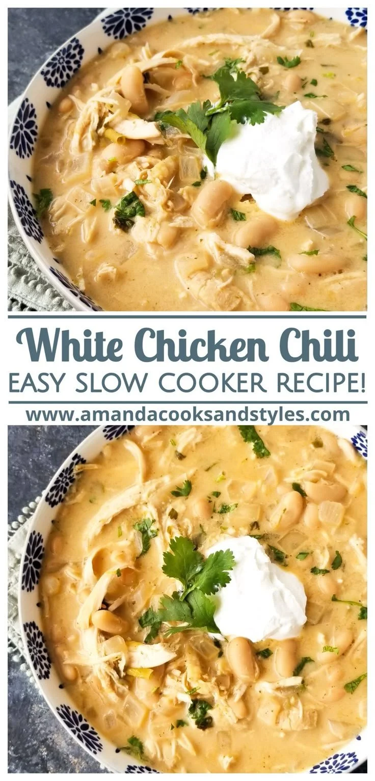 Crockpot Creamy White Chicken Chili served in a bowl with toppings