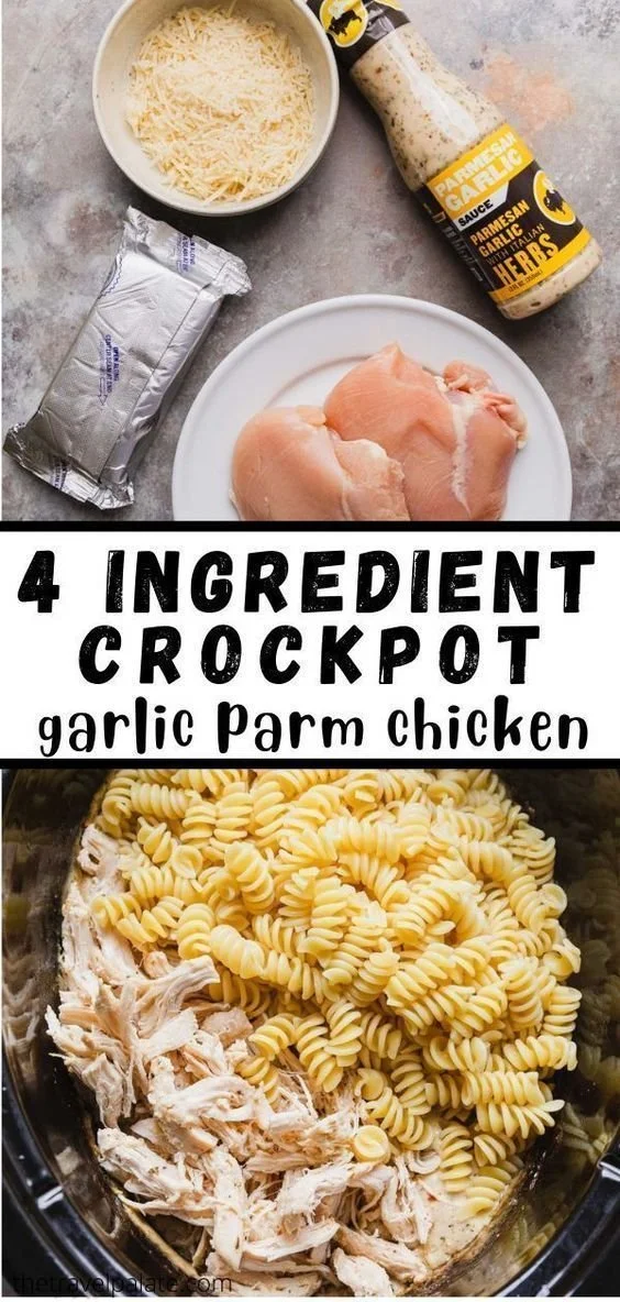 Plate of Crockpot Garlic Parmesan Chicken Pasta garnished with parsley