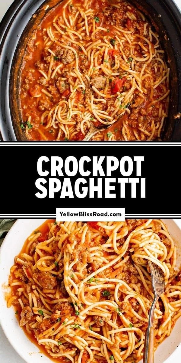 Delicious bowl of Crockpot Spaghetti topped with herbs and cheese