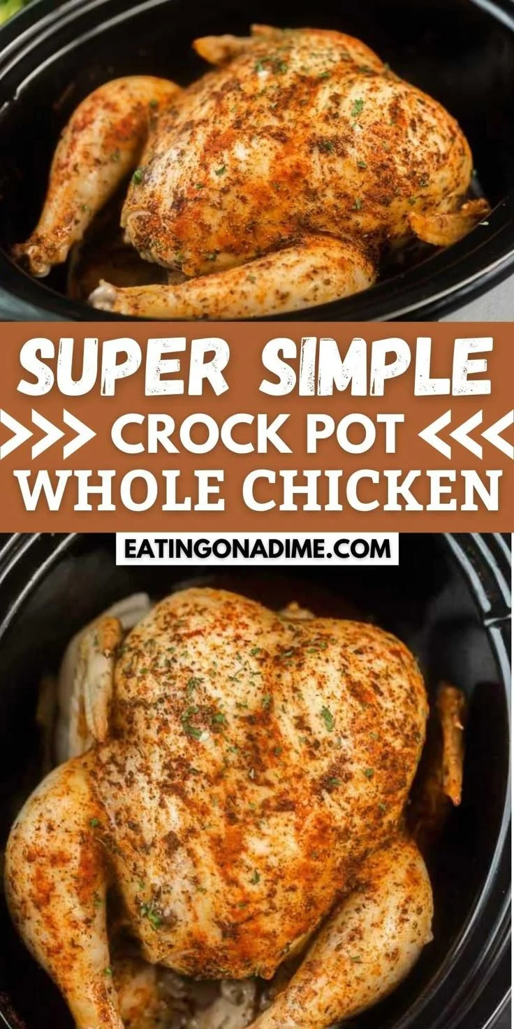 A perfectly cooked Crockpot whole chicken garnished with herbs.