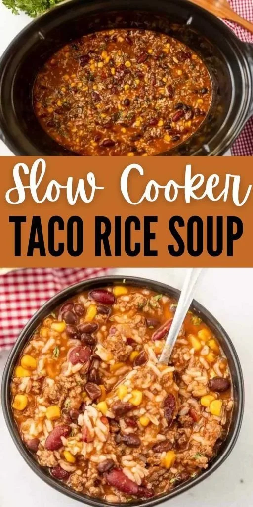 Bowl of delicious taco rice soup made in a crockpot, garnished with toppings.