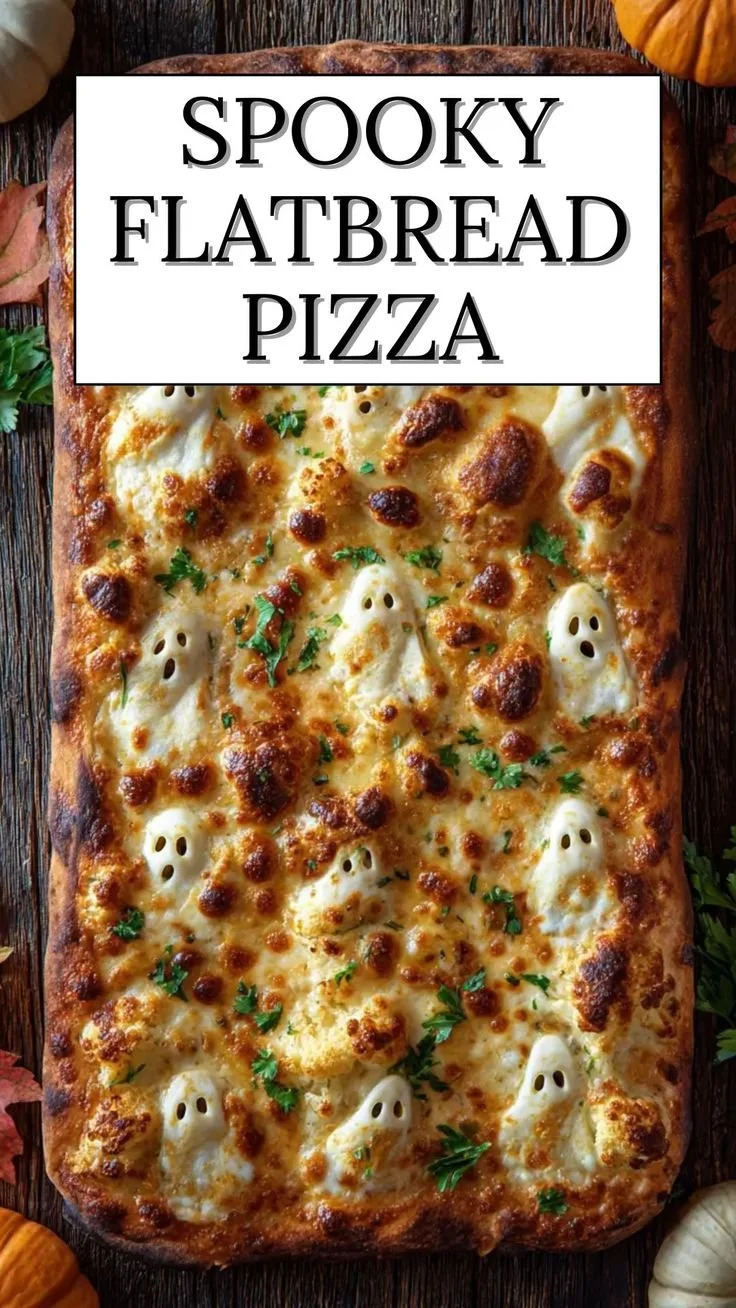 Spooky Cemetery Flatbread Pizza topped with eerie decorations for Halloween.