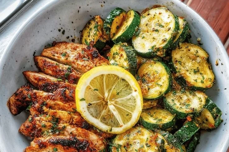 Delicious Asado chicken served with lemon zucchini sauté on a plate