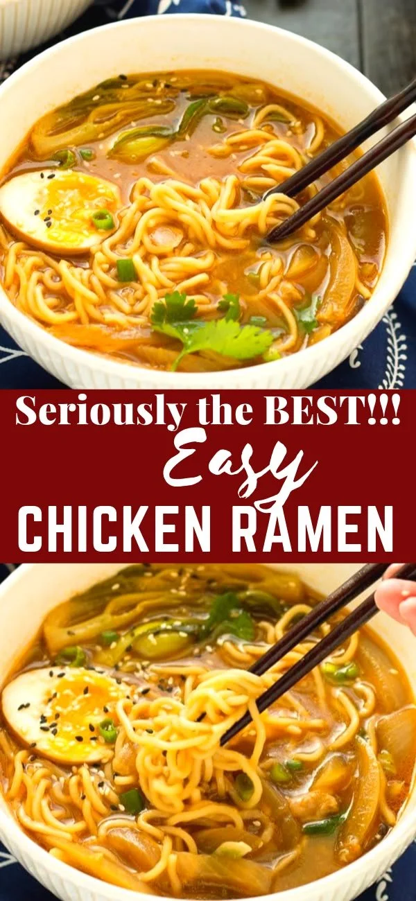 Bowl of easy chicken ramen topped with herbs and vegetables