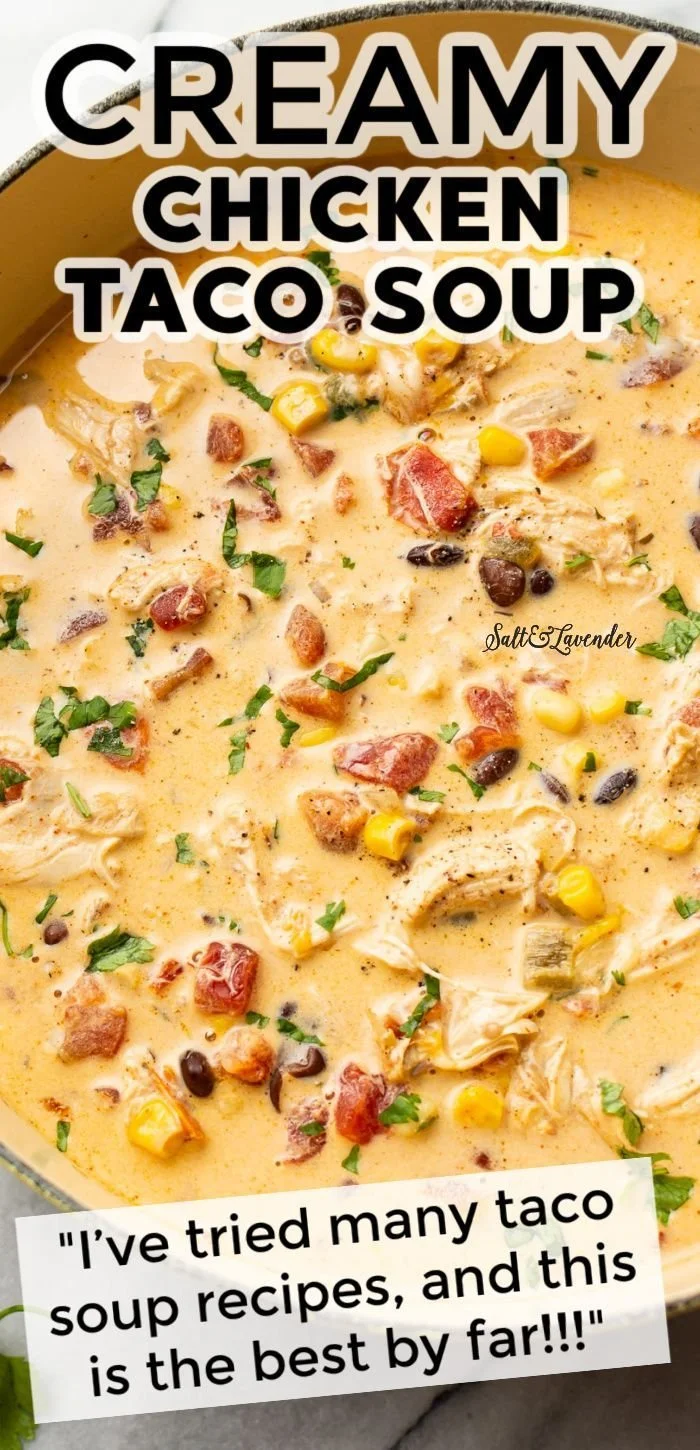 Bowl of easy chicken taco soup garnished with cilantro and tortilla strips