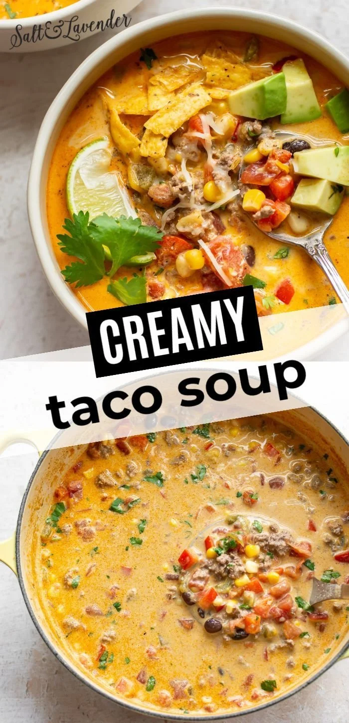 Creamy taco soup served in a bowl topped with cheese and cilantro