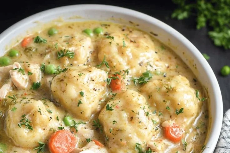 Delicious bowl of easy crockpot chicken and dumplings ready to serve.