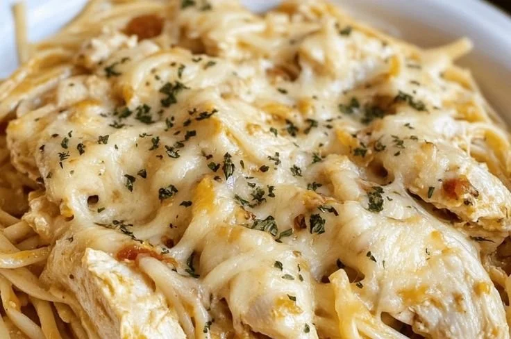Bowl of easy Crockpot garlic parmesan chicken pasta with herbs