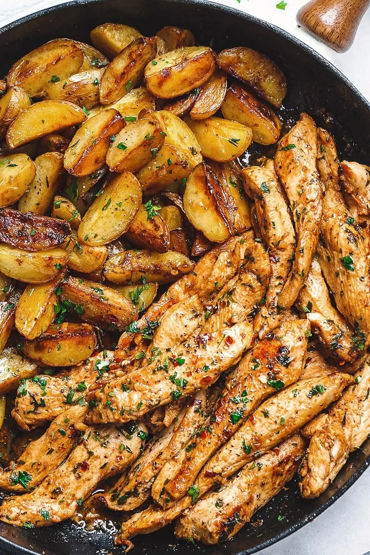 Easy garlic butter chicken and potatoes skillet cooked to perfection