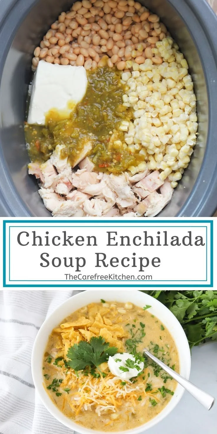 Bowl of easy green enchilada chicken soup garnished with cilantro and avocado
