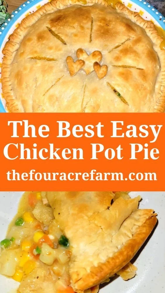 Delicious old fashioned chicken pot pie served on a rustic table
