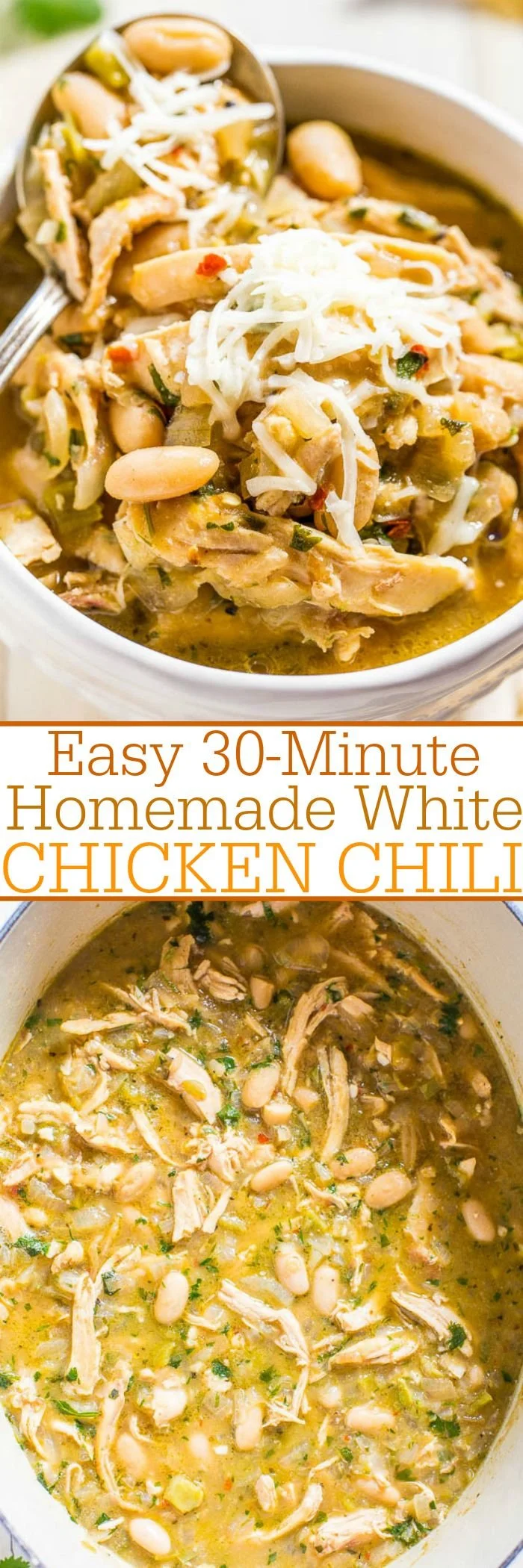 Bowl of easy white chicken chili topped with cilantro and jalapeños