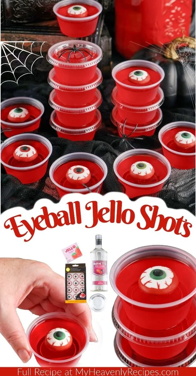 Spooky eyeball jello shots served in a festive Halloween setting