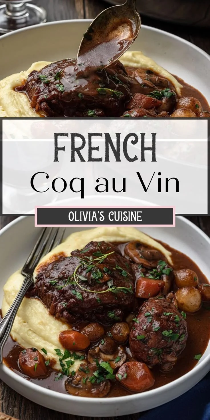 A delicious plate of Coq au Vin, a traditional French chicken dish cooked in wine.