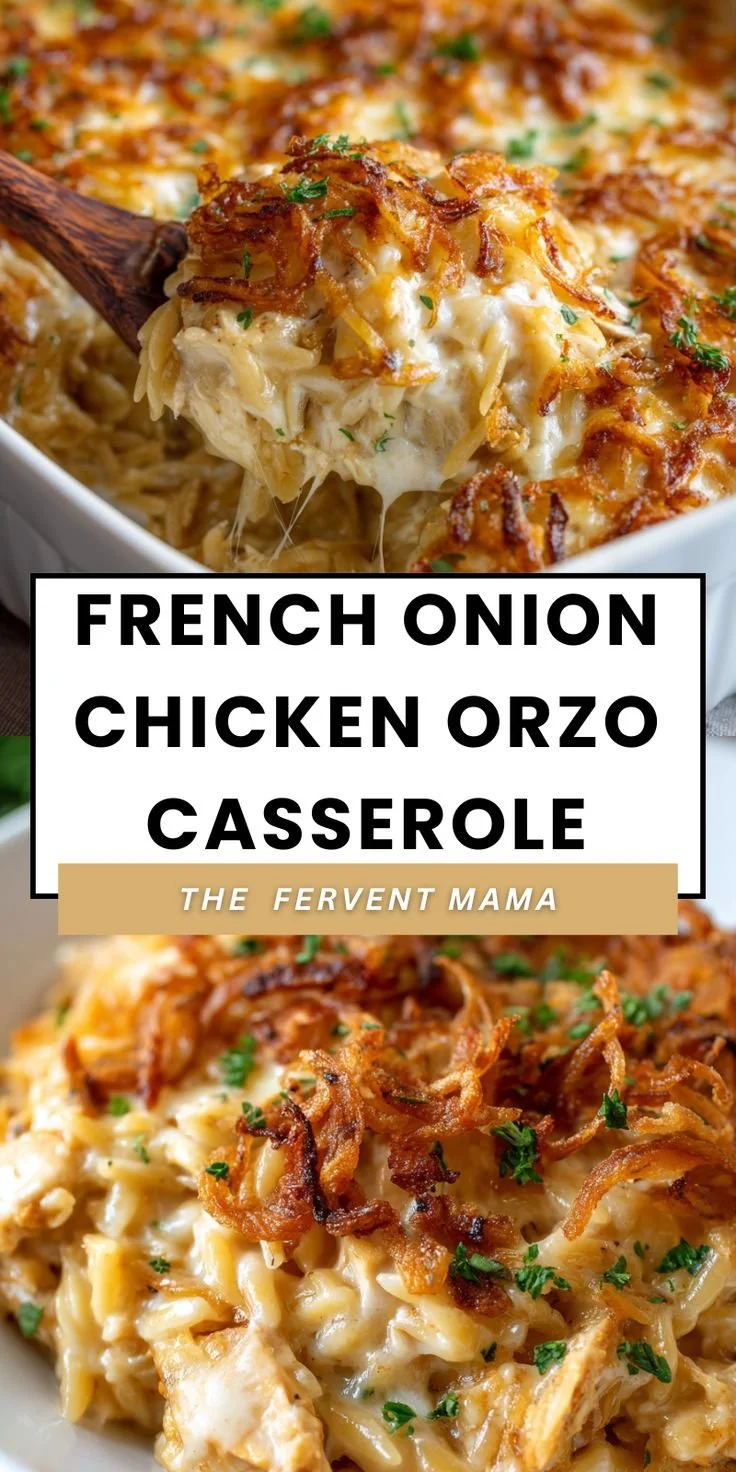 Delicious French Onion Chicken Orzo Casserole topped with melted cheese