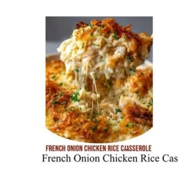 French onion chicken rice casserole topped with melted cheese and herbs.