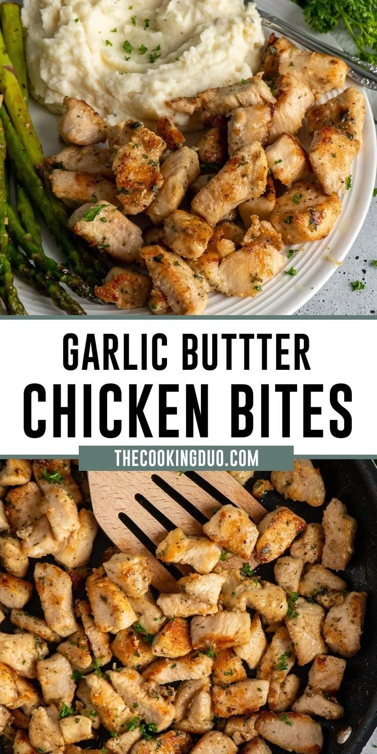 Delicious Garlic Butter Chicken Bites in a skillet, garnished with herbs.