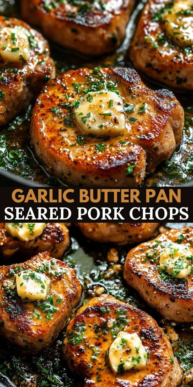Delicious garlic butter pan seared pork chops on a plate