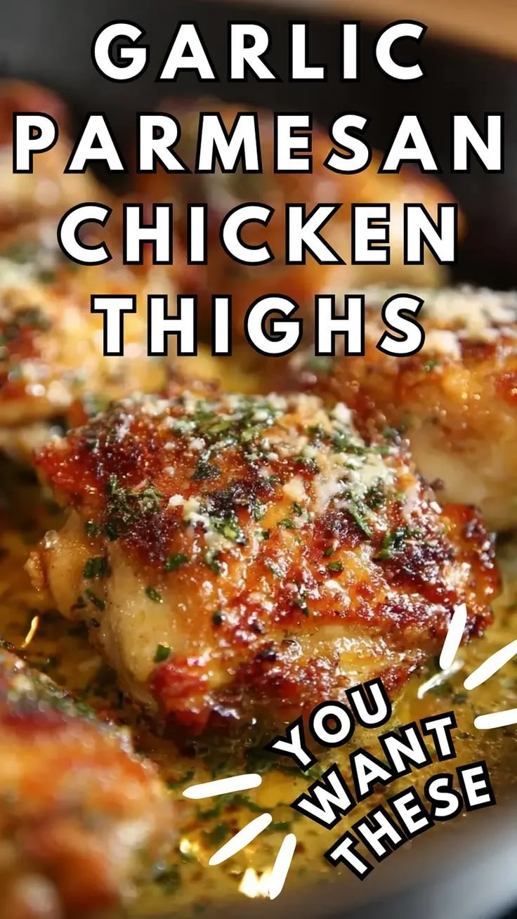 Garlic Parmesan Chicken Thighs served on a plate with fresh herbs and garlic