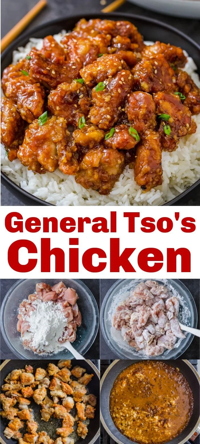 A plate of General Tso's Chicken garnished with sesame seeds and green onions.