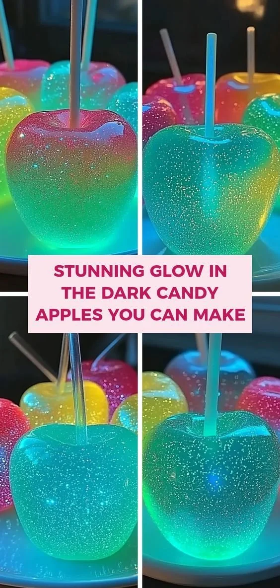 Glow in the dark Jolly Rancher candy apples on a table