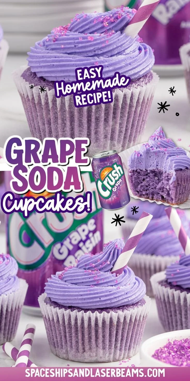 Delicious grape soda cupcakes topped with purple frosting and fizzy candy