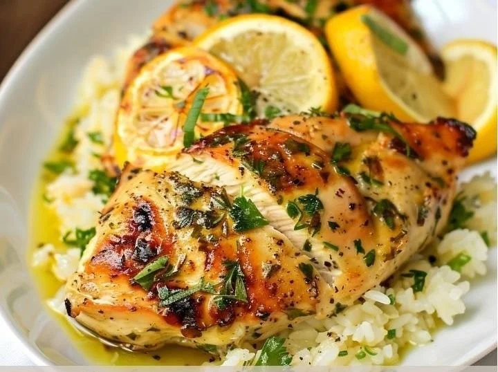 Delicious Greek Lemon Chicken garnished with herbs and lemons