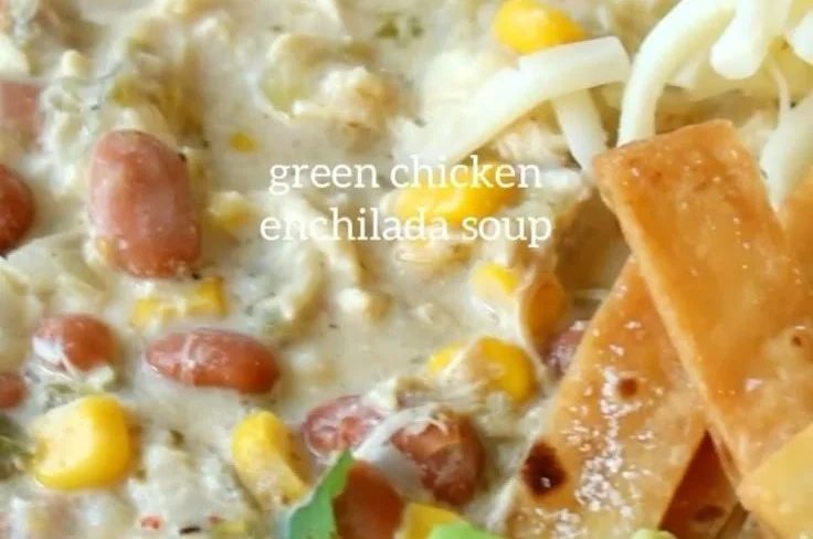 Delicious green chicken enchilada soup in a bowl with toppings