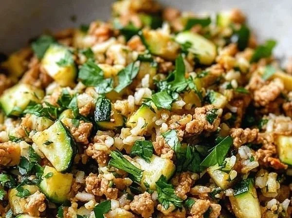 Ground chicken zucchini rice skillet dish in a frying pan