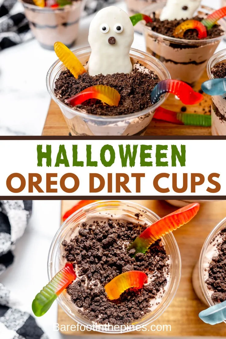 Colorful Halloween Dirt Cups with chocolate pudding, crushed cookies, and gummy worms.