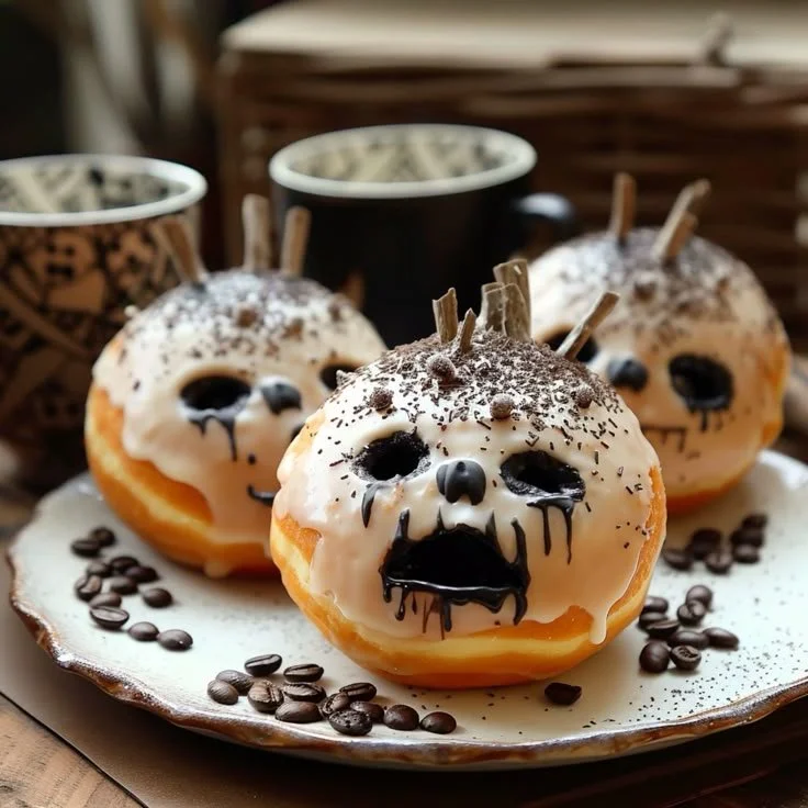Delicious Halloween doughnuts decorated with spooky themes and colors