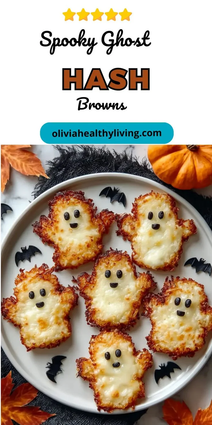 Ghost-shaped Halloween Hash Browns served on a spooky-themed plate