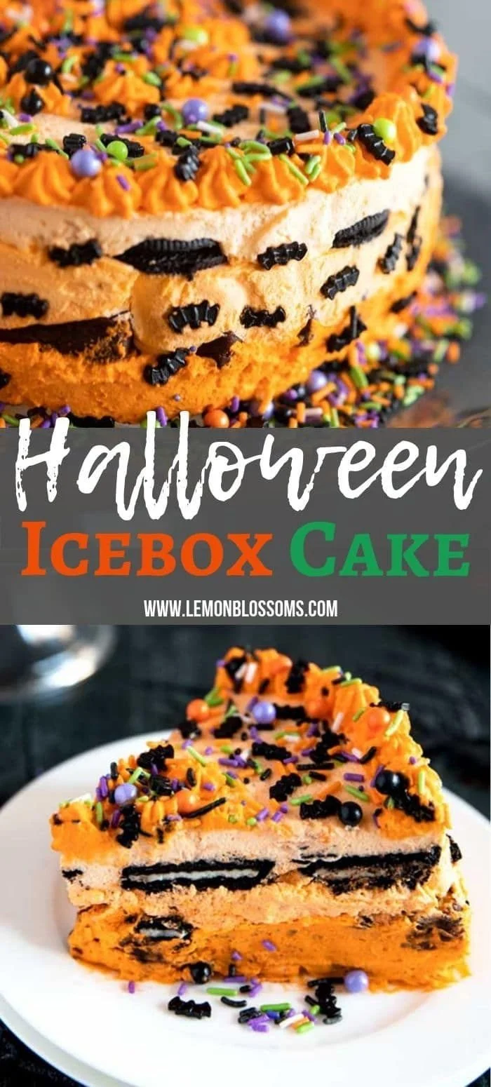 A spooky Halloween Icebox Cake decorated with Halloween-themed toppings.