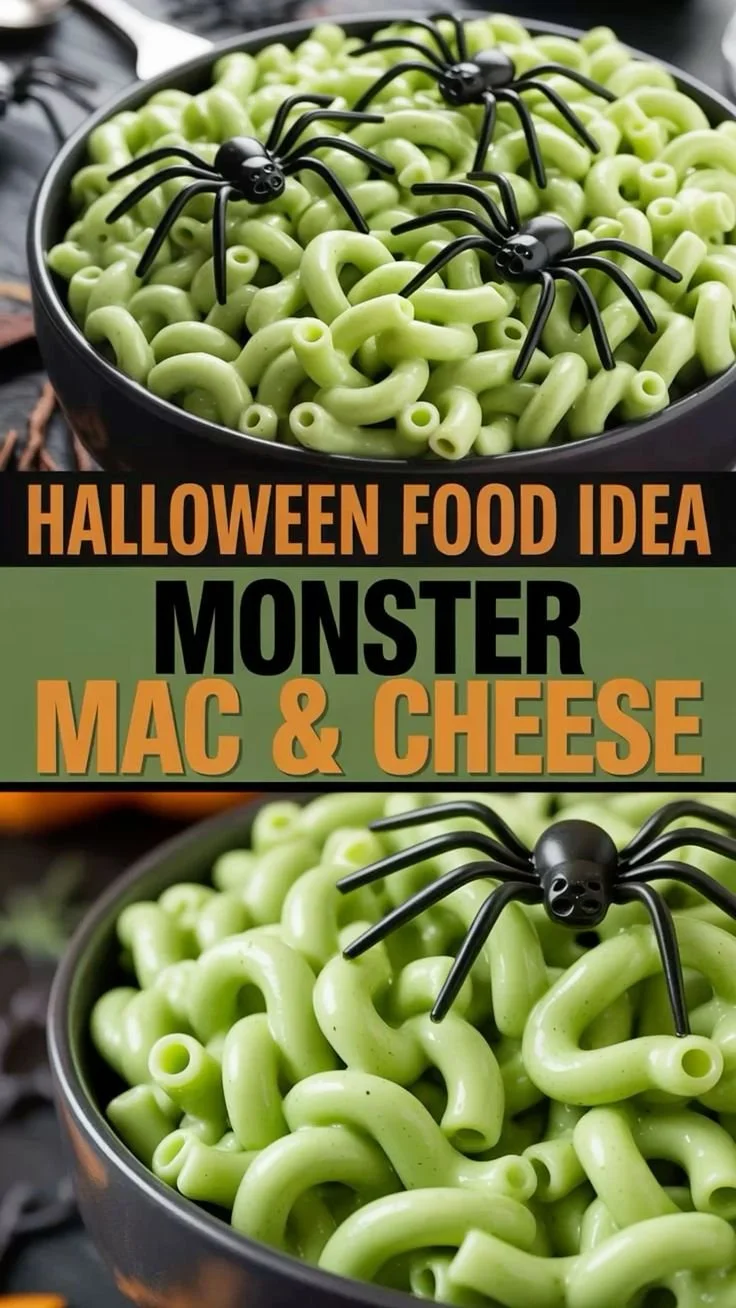 Halloween-themed Monster Mac & Cheese decorated for a spooky meal