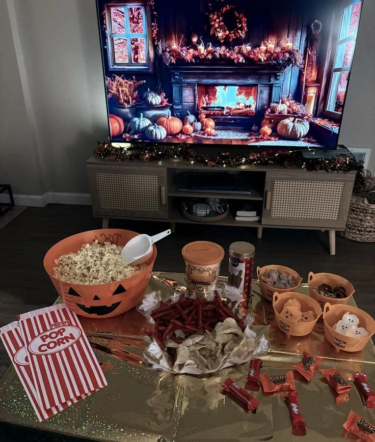 Spooky setup for a Halloween movie night with popcorn and decorations