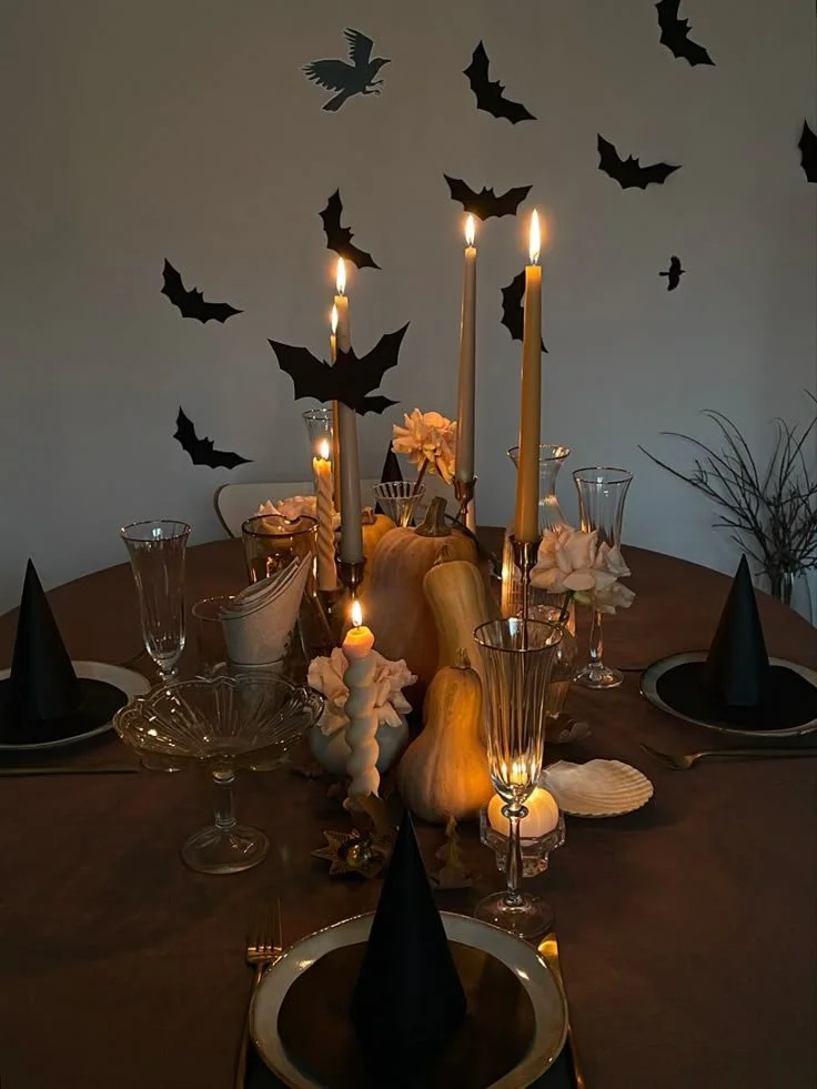 A festive Halloween party with decorations, pumpkins, and spooky costumes
