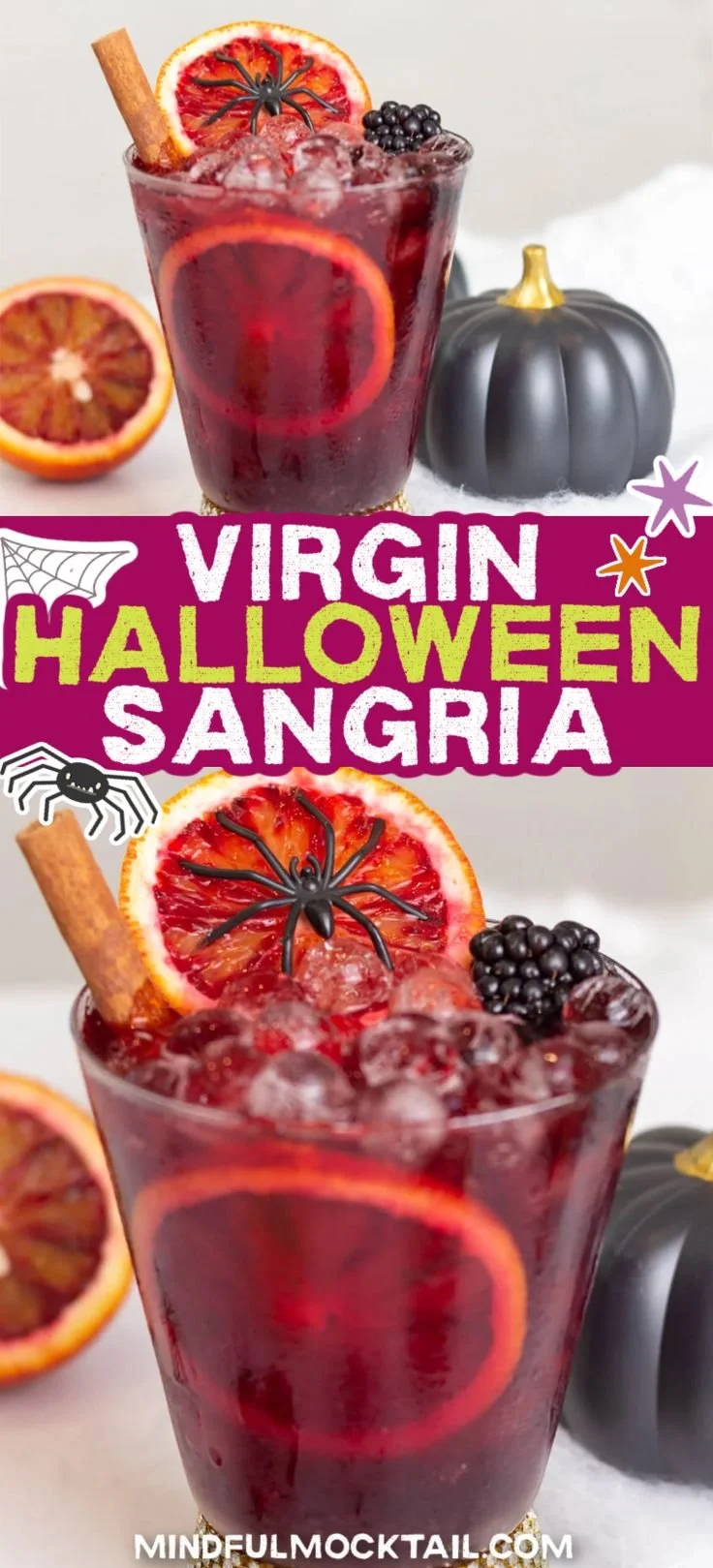 Colorful Halloween Sangria mocktails garnished with spooky fruits and herbs