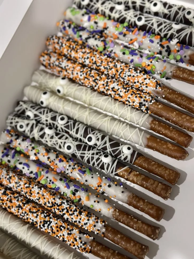 Colorful Halloween themed pretzels decorated for a festive celebration