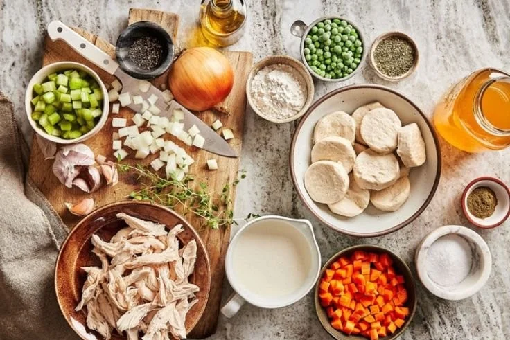 A steaming bowl of hearty dairy-free chicken dumpling soup garnished with fresh herbs.