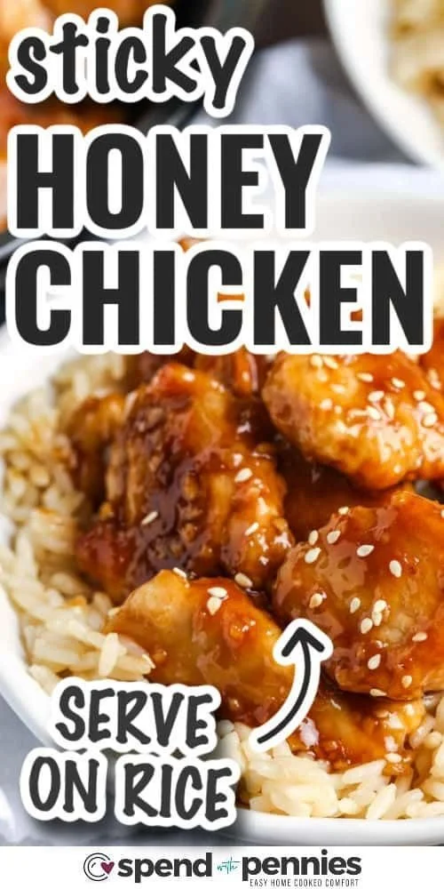 Delicious homemade sticky honey chicken served with vegetables