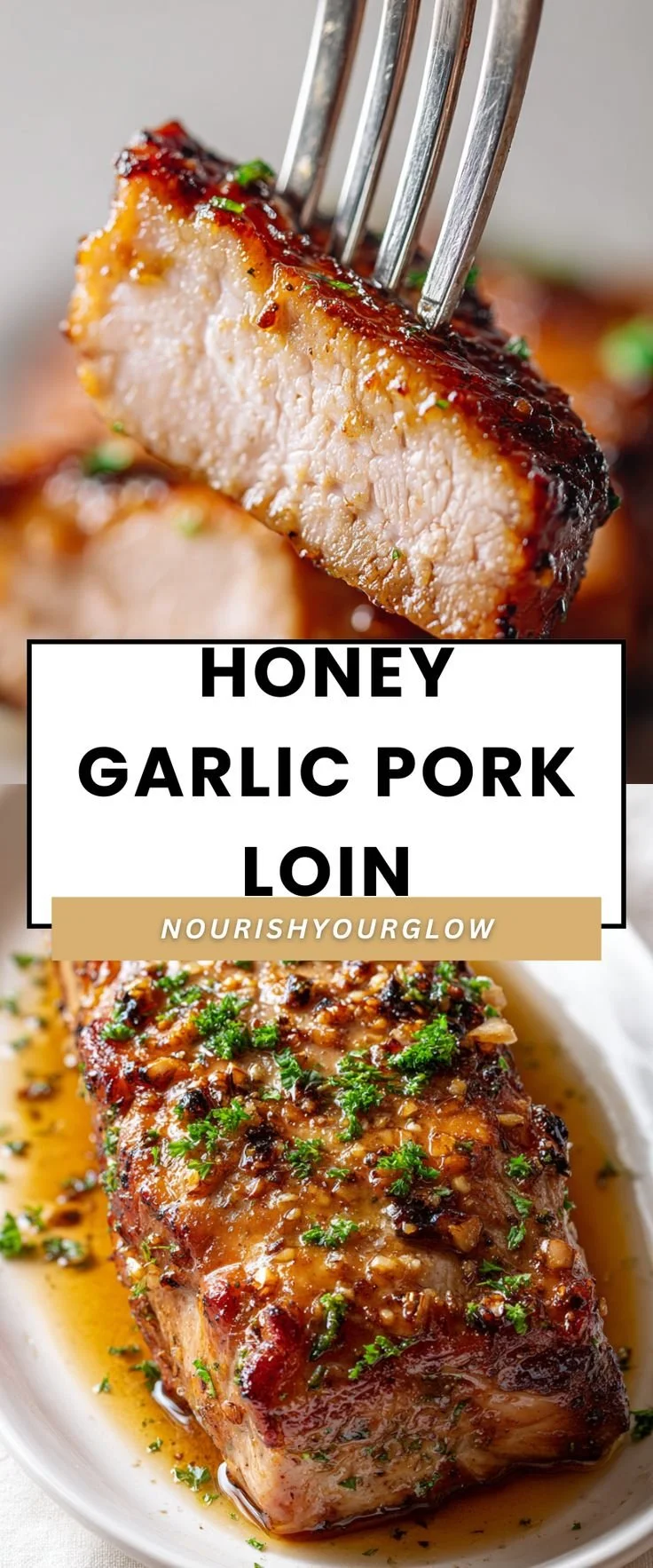 Delicious Honey Garlic Pork Loin served on a plate, garnished with herbs.