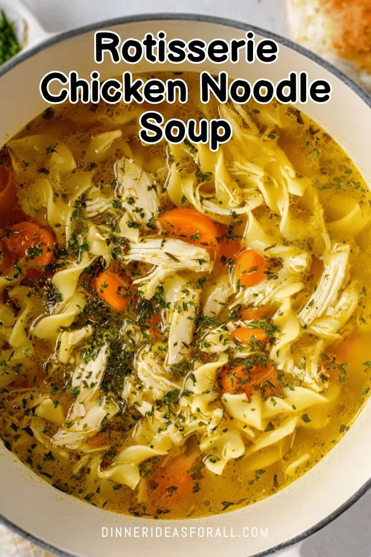 Cozy rotisserie chicken noodle soup made at home with fresh ingredients