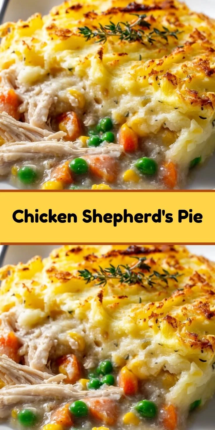 Delicious Chicken Shepherd's Pie topped with golden mashed potatoes