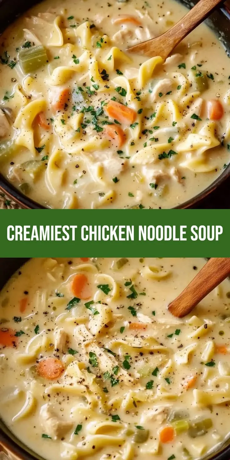 Creamy chicken noodle soup in a bowl garnished with herbs.
