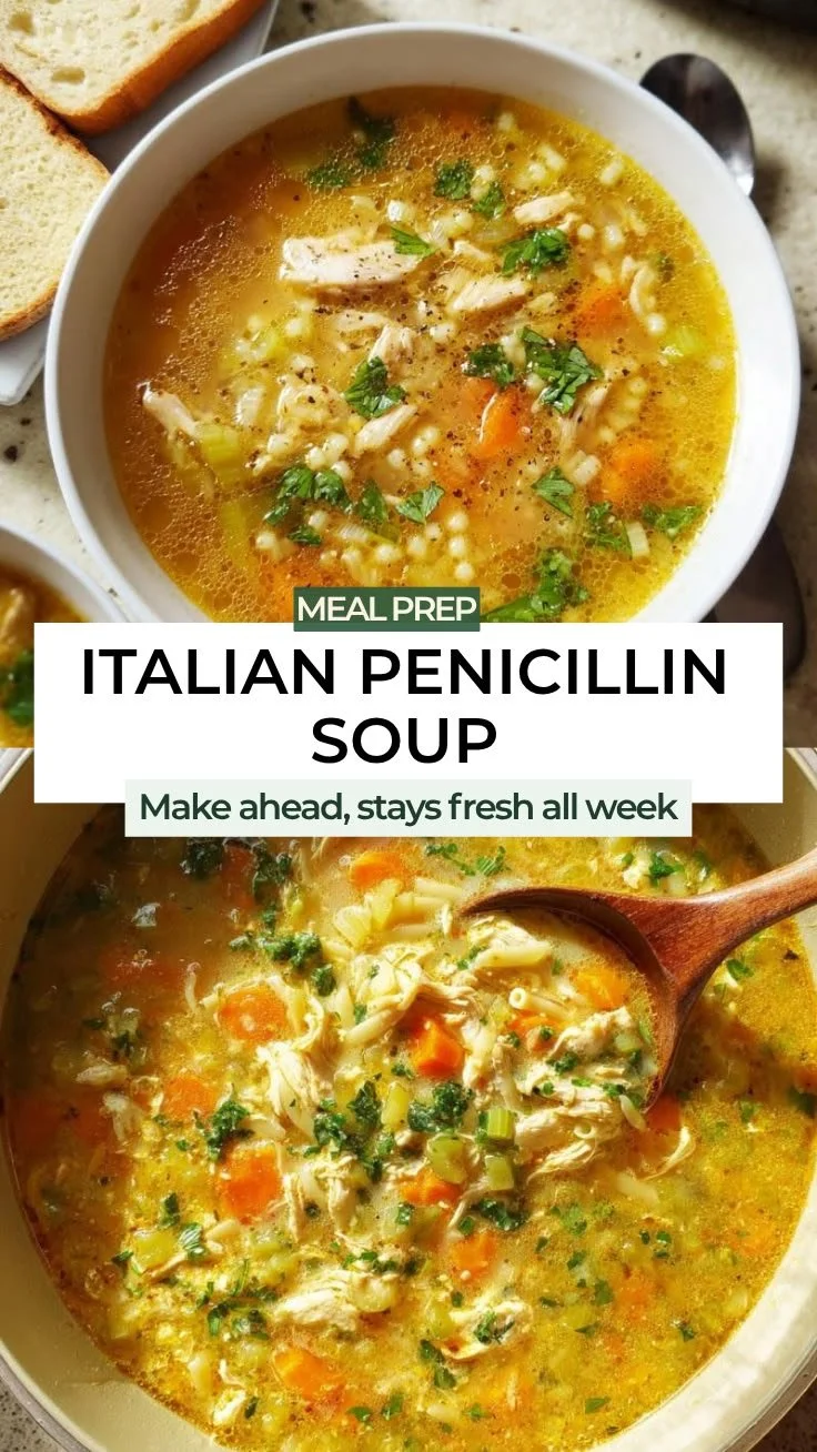 A bowl of Italian Penicillin Soup with chicken, pasta, and herbs for a cozy meal