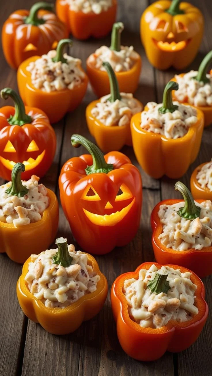 Jack-O'-Lantern bell peppers stuffed with pasta for Halloween snacks