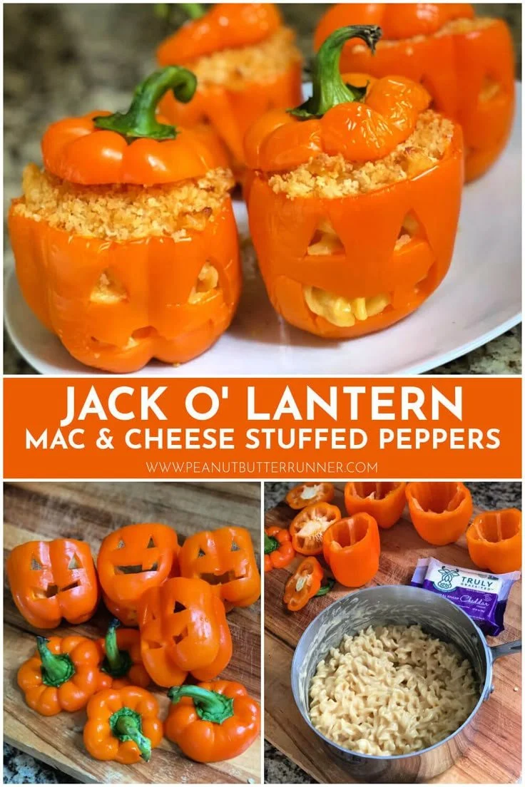 Jack O' Lantern Macaroni and Cheese Stuffed Peppers on a plate
